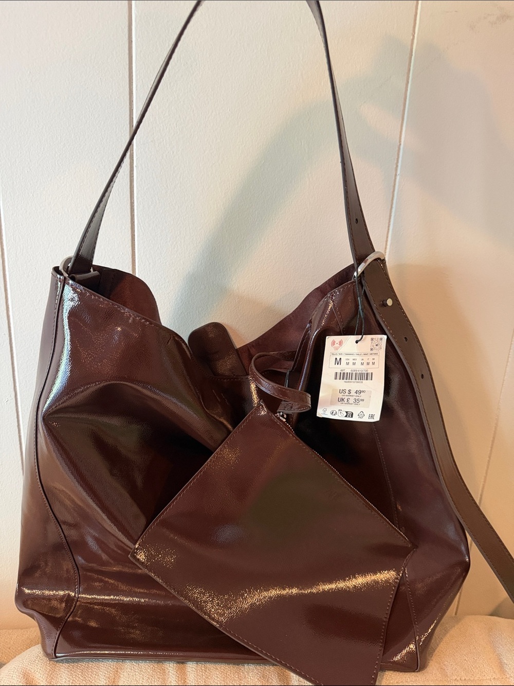 Zara Shiny Deep Brown Tote Bag with Inner Pouch